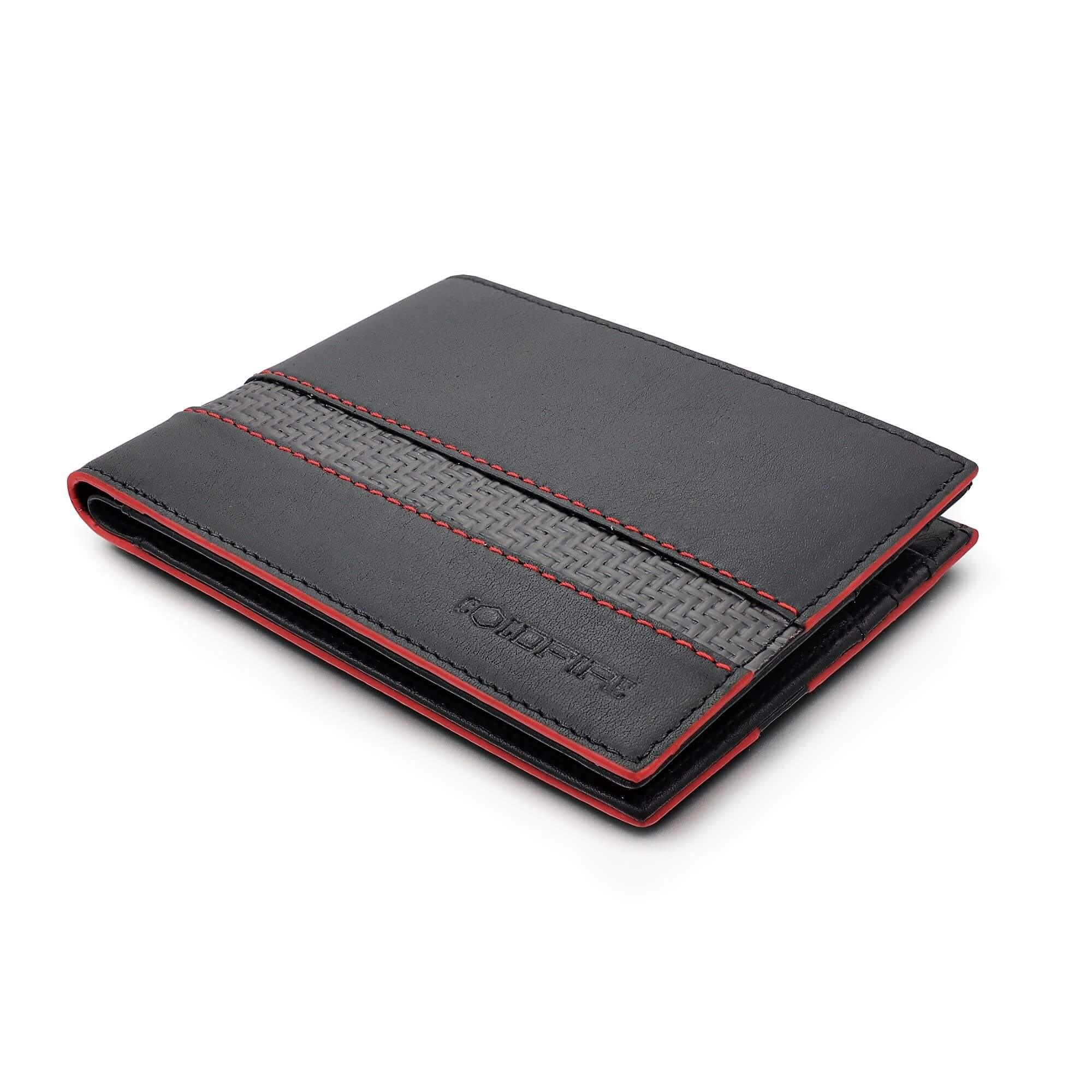 Компактен RFID мъжки портфейл - Кенгурова кожа - червен кант - COLDFIRE
