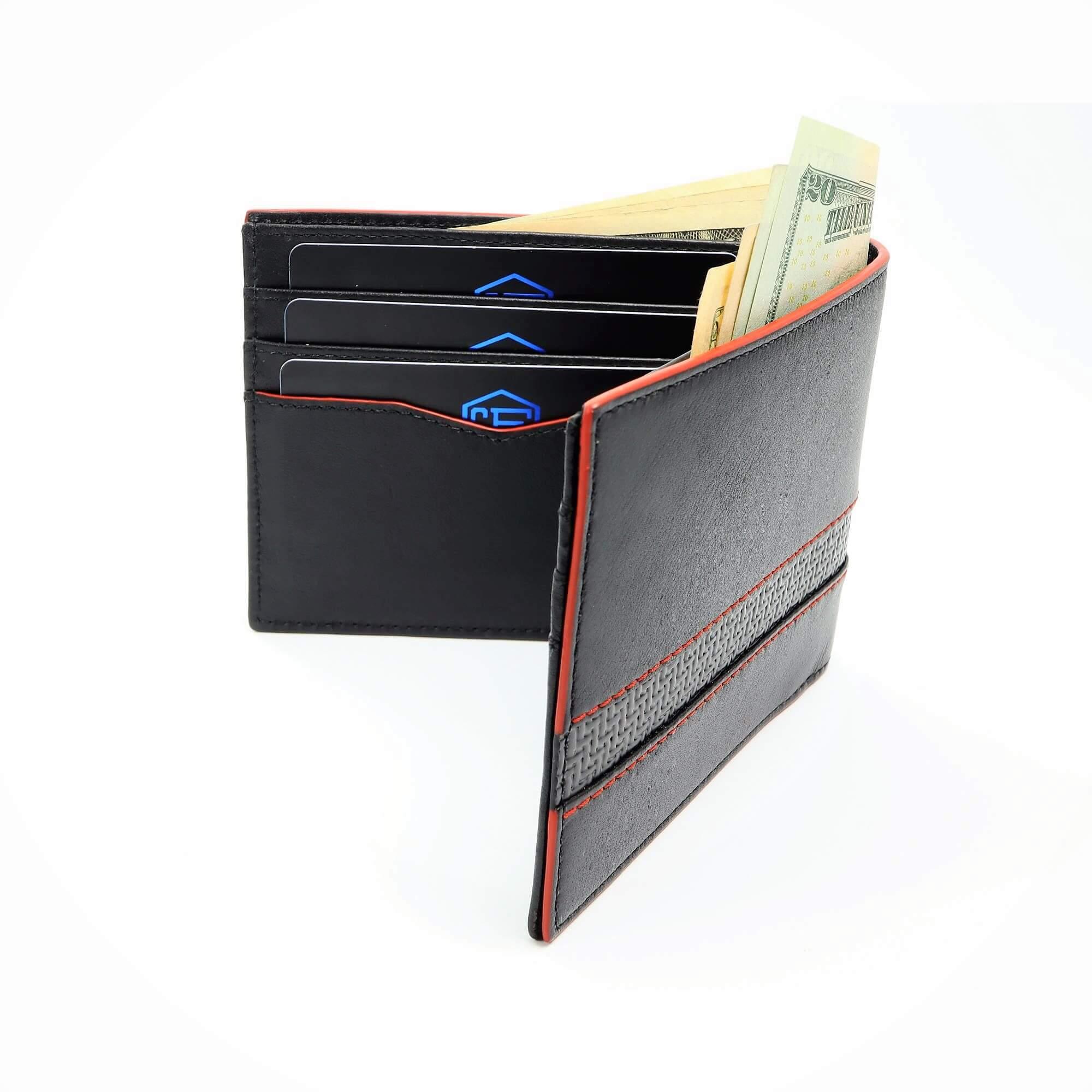Компактен RFID мъжки портфейл - Кенгурова кожа - червен кант - COLDFIRE