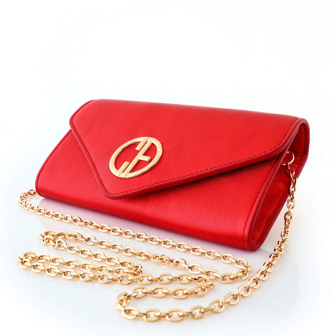 кожена червена дамска чанта със златен синджир и лого | COLDFIRE