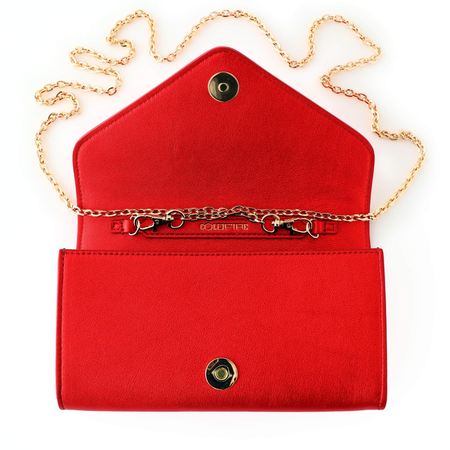 кожена червена дамска чанта с капак със златен синджир и лого | COLDFIRE