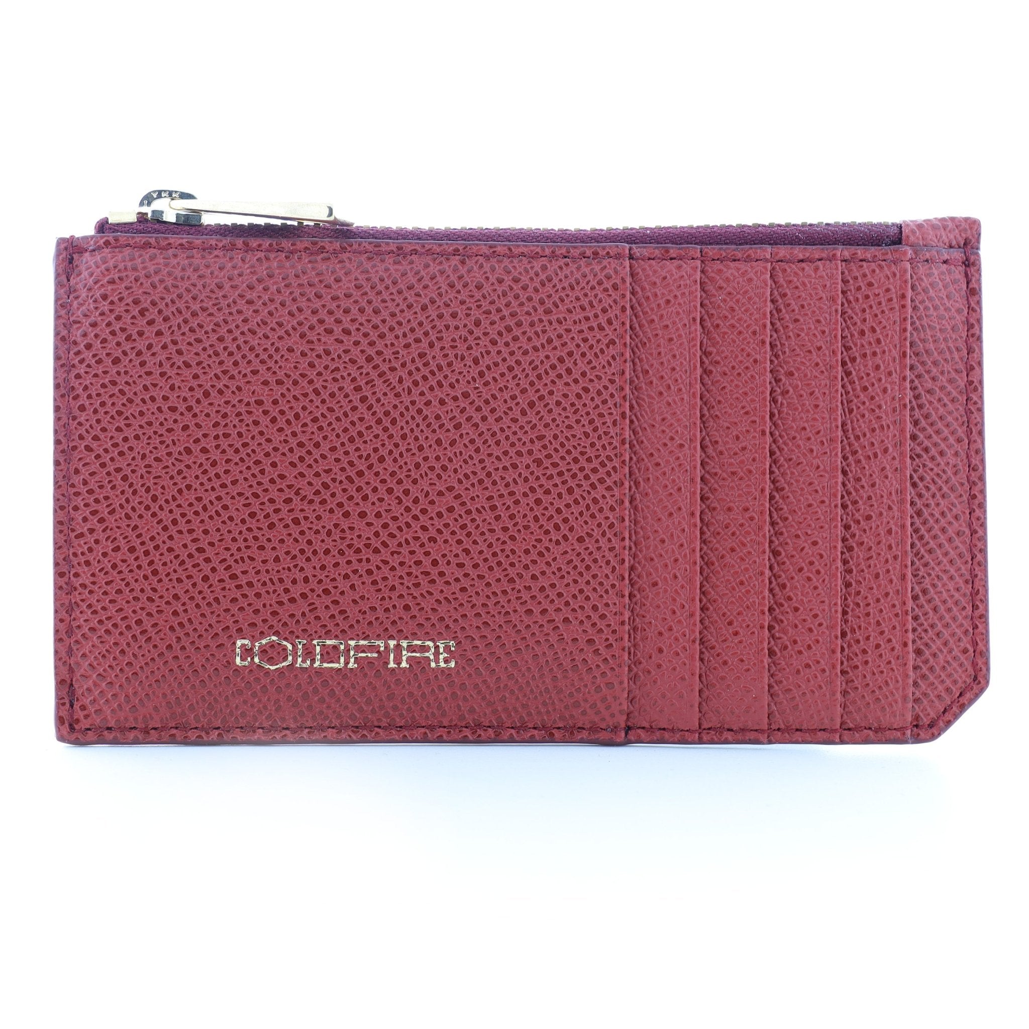 Ares Genuine Leather Card Holder with Zipper in Dark Red - Unisex - COLDFIRE