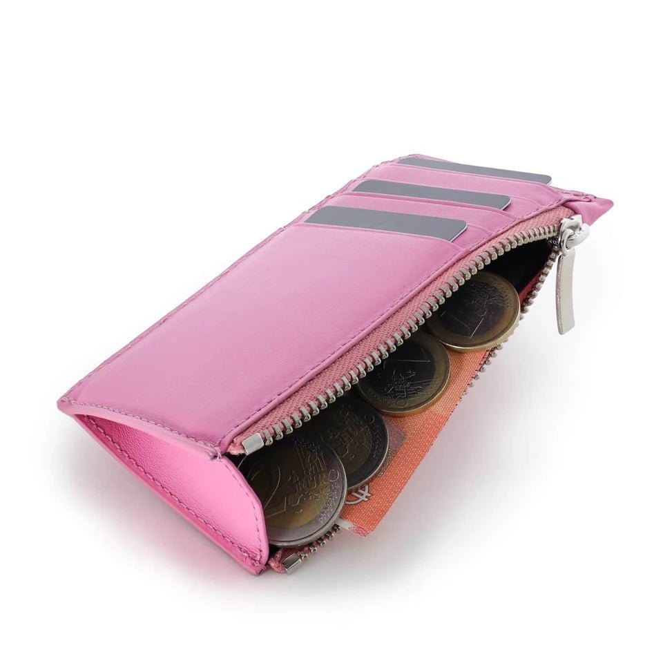 Card holder made of Natural Leather with Zipper in pink color - COLDFIRE