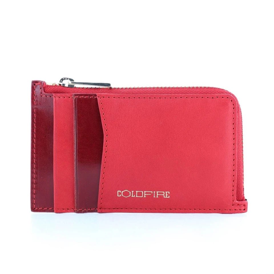 Genuine Leather Card Holder with Zipper in Red - Unisex - COLDFIRE