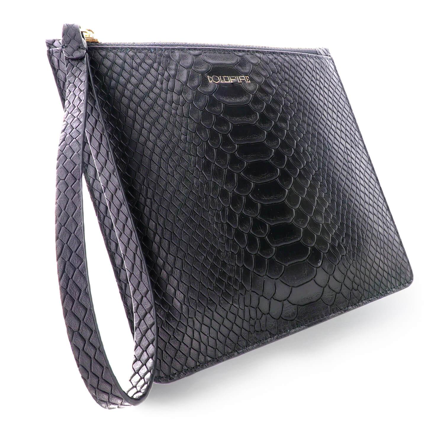 Малка чанта - клъч - Несесер с цип Nia - естествена кожа със змийски принт - черен - COLDFIRE