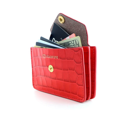 Women's Small Card Case Wallet with Flap. Mini Credit Card Holder. Croco Embossed Red - COLDFIRE